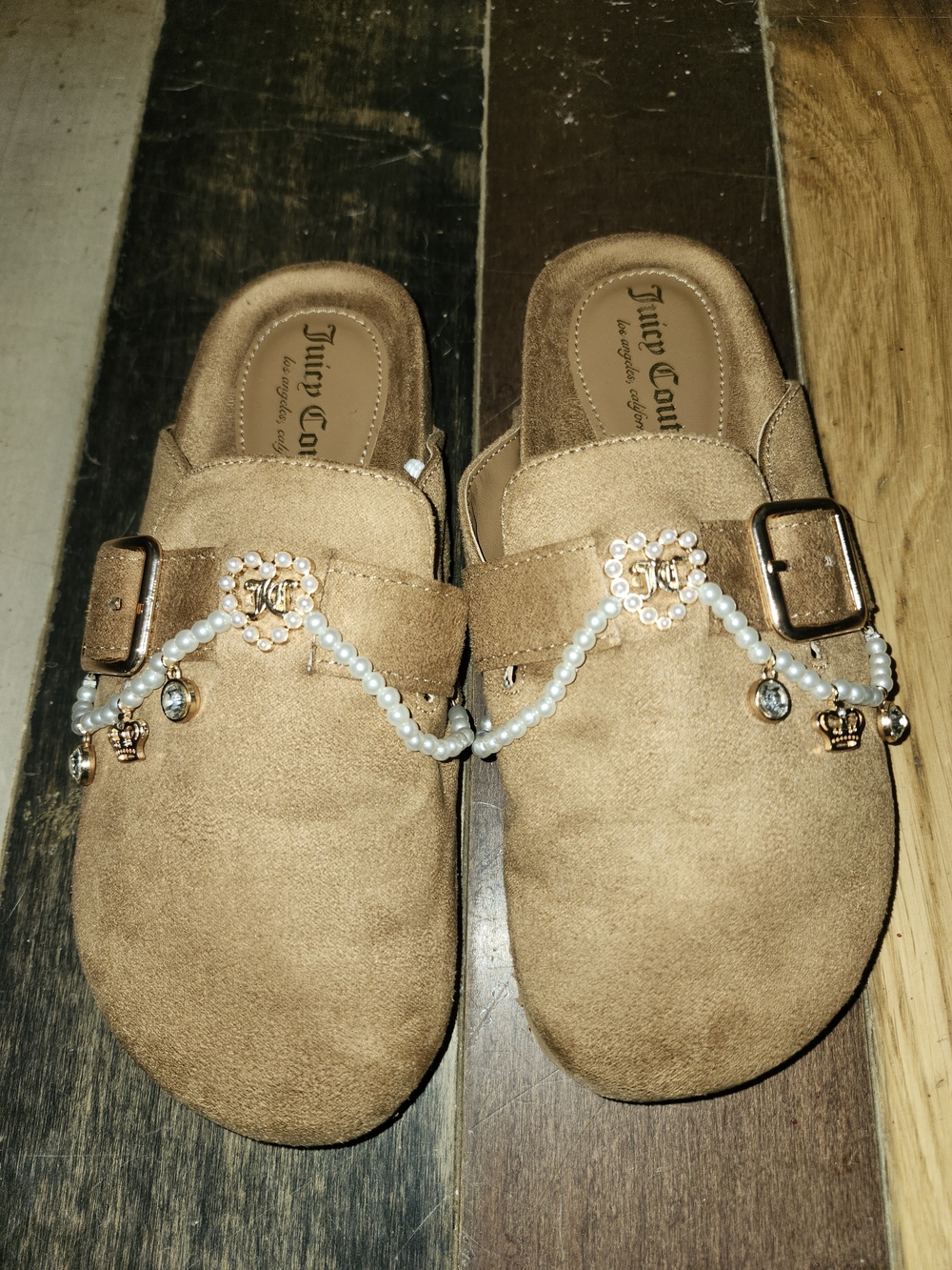 Juicy Couture Tan Suede Pearl-Embellished Slip-On Clogs